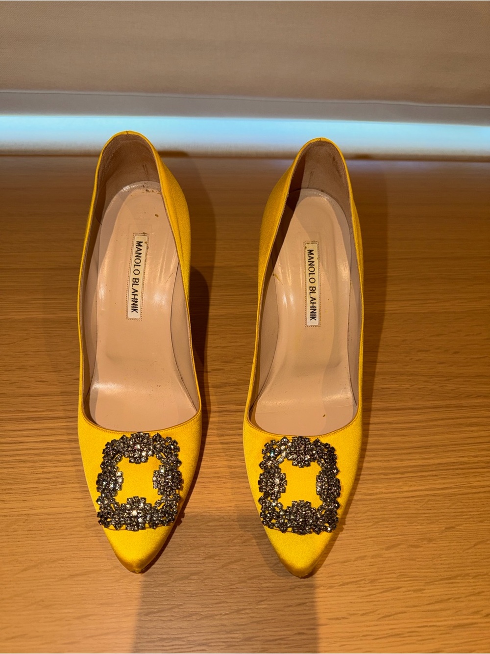 Manolo Blahnik Yellow Satin Crystal-Buckle Pointed-Toe Pumps